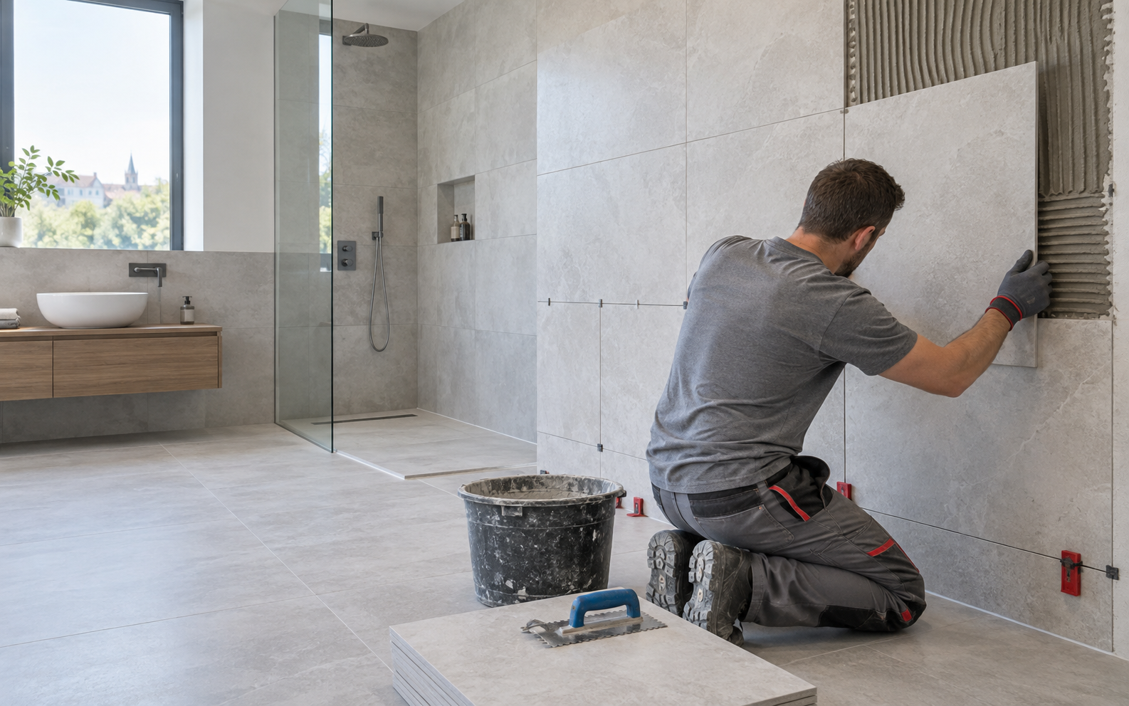 Pose professionnelle de carrelage grand format dans une salle de bains moderne